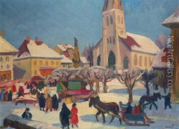 La Place Du Village Sous La Neige. Oil Painting - Jules Emile Zingg