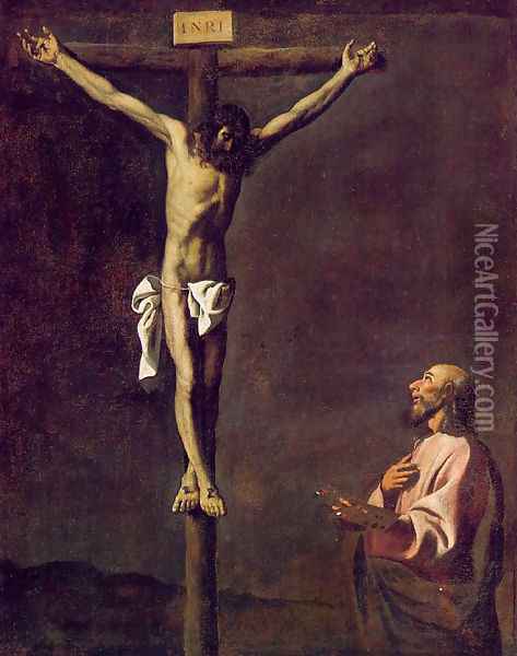 St Luke as a painter before Christ on the Cross Oil Painting - Francisco De Zurbaran