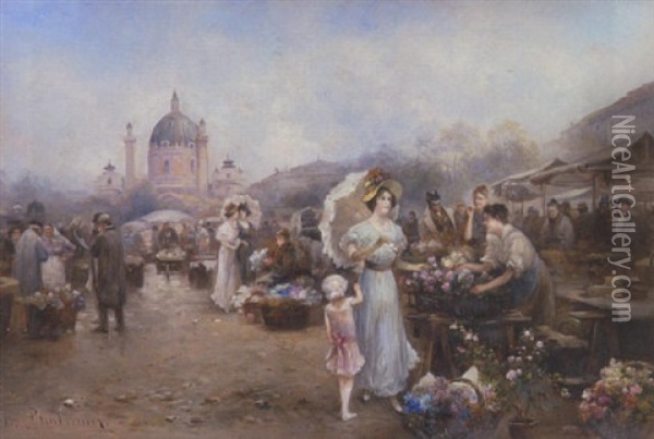Blumenmarkt Auf Dem Wiener Karlsplatz Oil Painting - Emil Barbarini
