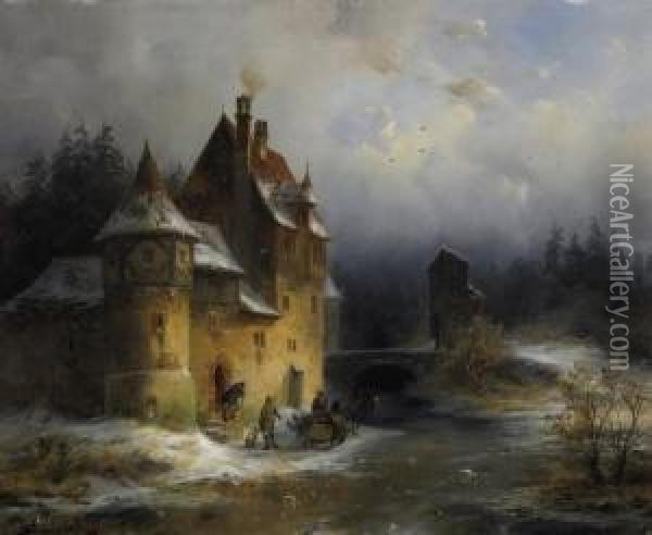 After The Winter Hunt. People Having A Conversation In Front Of An Old Castle Set On A Lake. Monogrammed Bottom Right: F.s Oil Painting - Francois Stroobant
