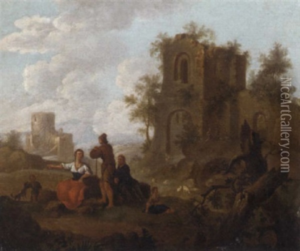 A Landscape With Figures Conversing Before Ruins Oil Painting - Franz de Paula Ferg