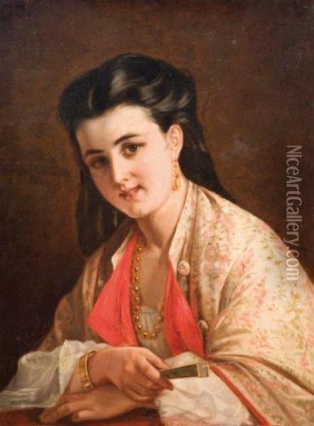 Portrait De Femme A L'eventail Oil Painting - Alexandre Antigna