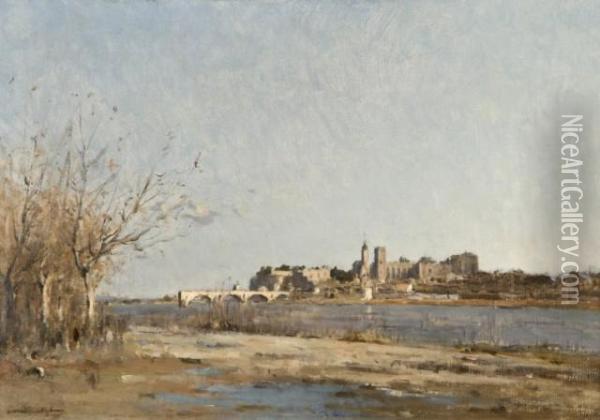 Vue Du Rhone Avec Le Palais Des Papes, Avignon Oil Painting - Camille Emile Dufour