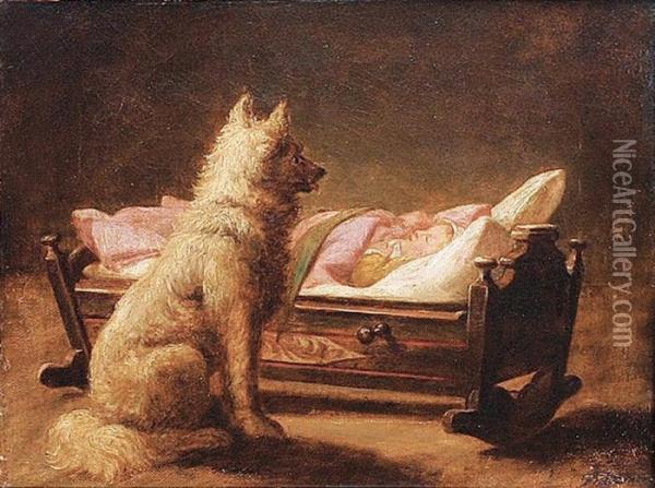 A Dog Guarding A Sleeping Baby Oil Painting - Carl Friedrich Deiker