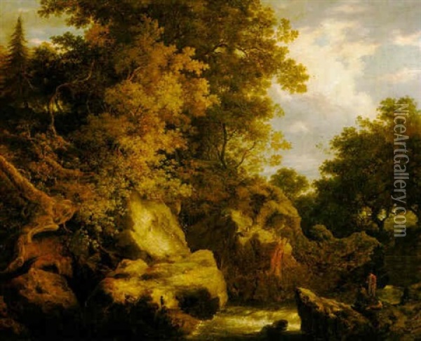 A Wooded Rocky River Scene With Two Sportsmen Oil Painting - William Ashford