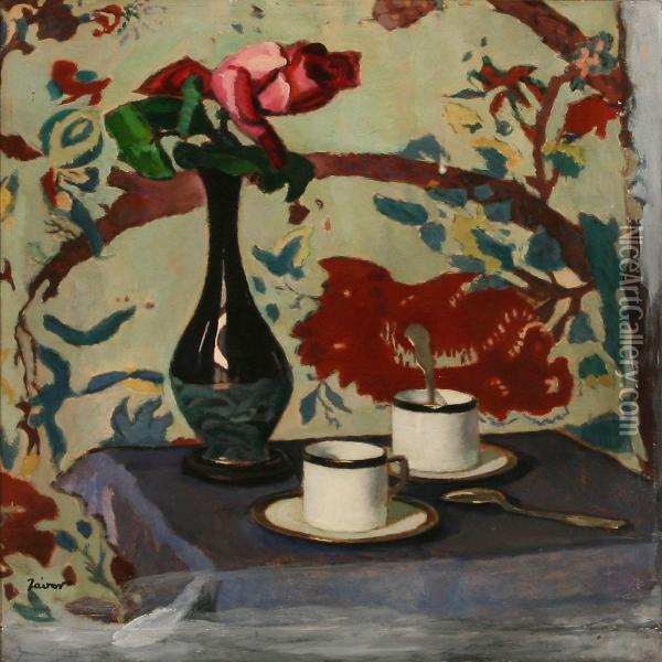 Still Life With Two Cups And A Vase With A Rose On Atable Oil Painting - Pal Javor