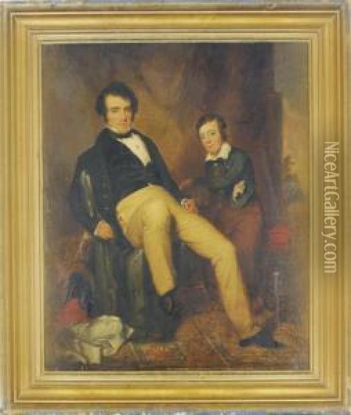 Portrait Of Joseph E. Winner And His Son Septimus Winner In Aninterior Oil Painting - William E. Winner