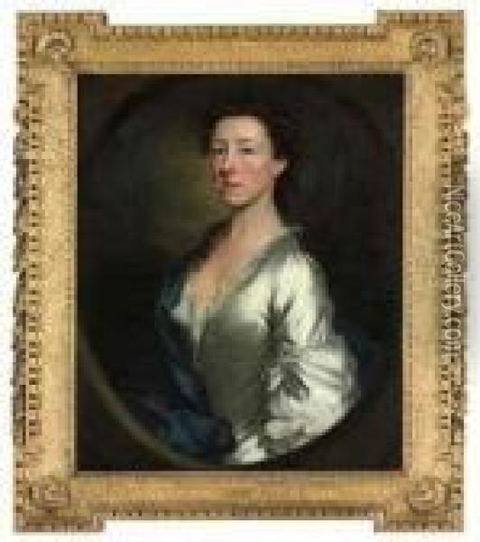 Portrait Of Grace, Countess Of 
Dysart (1713-1755), Half-length, Ina Silver Dress And Blue Shawl, In A 
Feigned Oval Oil Painting - Allan Ramsay