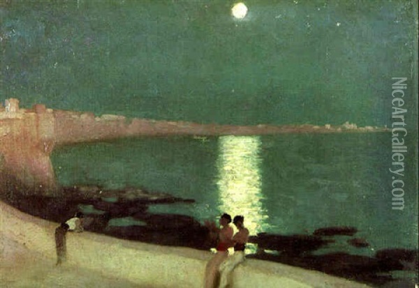 The Bay Of Cadiz - Moonlight Oil Painting - Lord Frederic Leighton