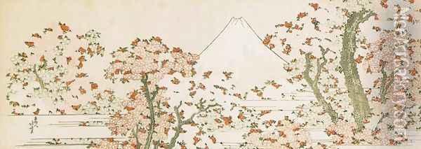 Mount Fuji with Cherry Trees in Bloom Oil Painting - Katsushika Hokusai