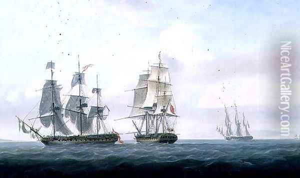 The Spanish frigate La Fama having outsailed the Medusa engages with and surrenders to H.M.S. Lively, c.1806 Oil Painting - Nicholas Pocock