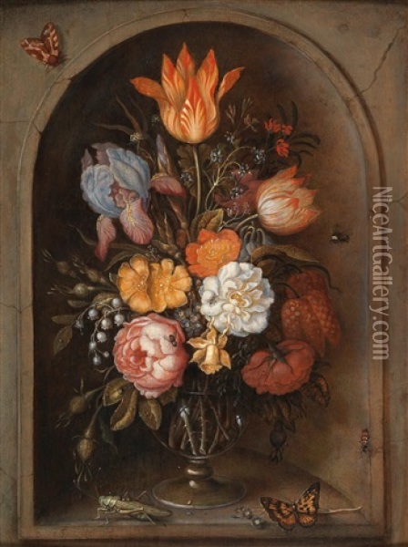A Still Life Of Flowers In A Glass Vase Placed In A Niche Oil Painting - Ambrosius Bosschaert the Younger