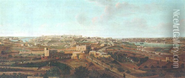 Malta, A Panoramic View Of Valletta And Floriana From Samra Oil Painting - Giorgio Pullicino