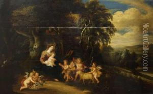 Maria Mit Dem Kind, Dem Johannesknaben, Funf Engeln Und Einem Lamm Oil Painting - Pieter Van Avont