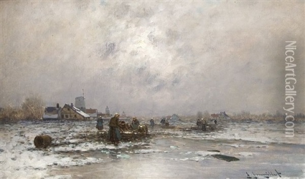 Winterlicher Fischmarkt Auf Der Gracht Oil Painting - Johann Jungblut