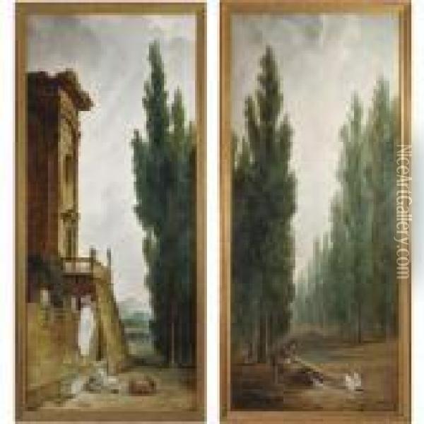 Laundry Maids Outside A Classical Villa And Elegant Couple On A Seesaw Oil Painting - Hubert Robert