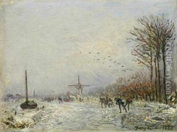 Canal In Holland In Winter Oil Painting - Johan Barthold Jongkind