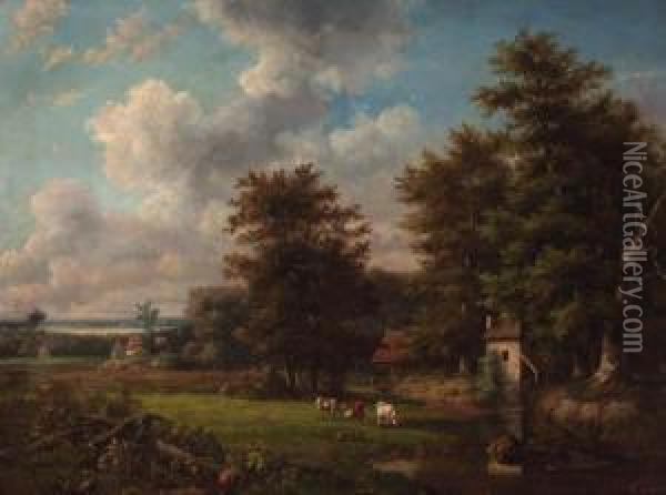 Panoramic Landscape With Cattle By A Stream Oil Painting - Georg Andries Roth