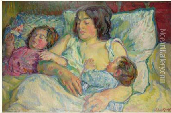 Madame Tarkhoff Et Ses Deux Enfants, Jean Et Boris Oil Painting - Nicolas Tarkhoff