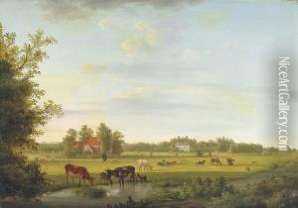 Animals In The Pasture With A Mansion Beyond Oil Painting - Jan Van Ravenswaay