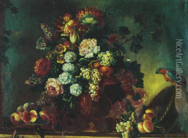 Bouquet De Fleurs Et Fruits Sur Un Entablement Oil Painting - Pierre Nicolas Huilliot