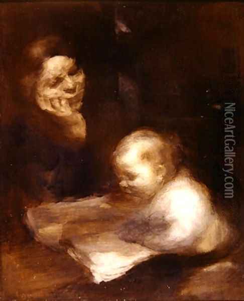 Mother and Child reading Oil Painting - Eugene Carriere