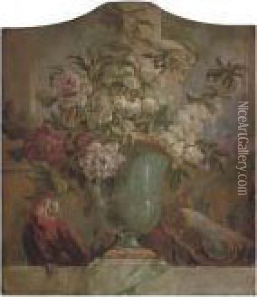 Flowers In An Urn With A Parrot On A Ledge: An Overdoor Oil Painting - Jakob Bogdani Eperjes C