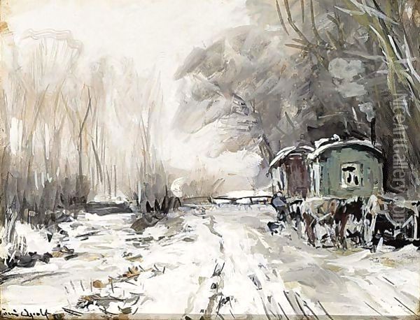 A Winter Landscape With Horses And Wagons Along A Road Oil Painting - Louis Apol