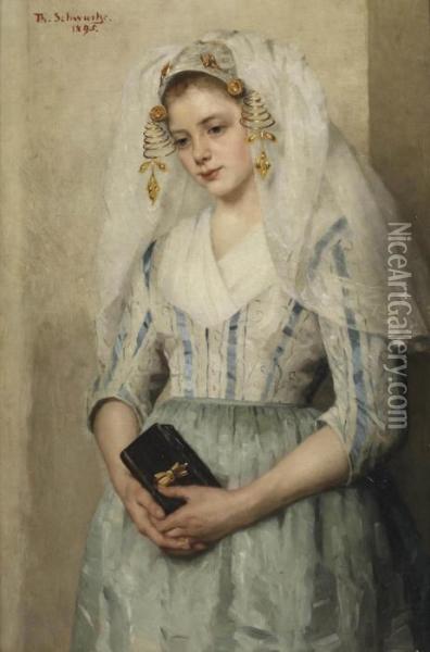 Bruidje Uit Oud-beijerland; Portrait Of A Girl In Costume Oil Painting - Therese Schwartze