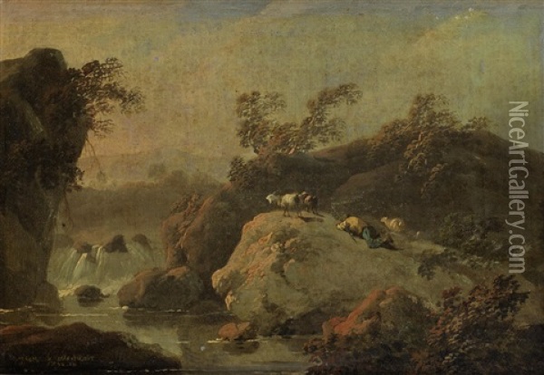A Shepherd Tending His Flocks In A Hilly, River Landscape (+ Figures In A Landscape; Pair) Oil Painting - Jean Baptiste Pillement