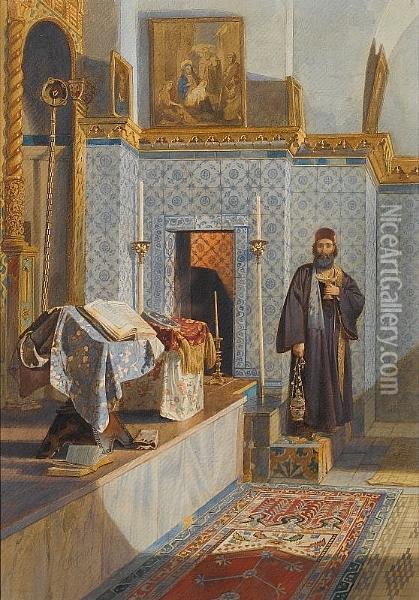 An Oriental Orthodox Priest; A Pair Of Chapel Interiors, A Set Of Three Oil Painting - Carl Friedrich H. Werner