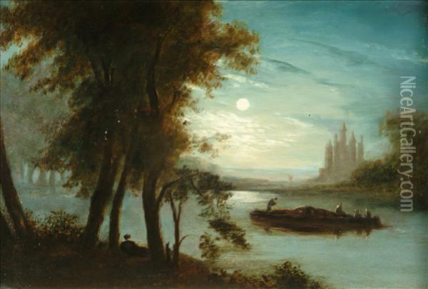 River Scene Withfigures On A Bargae By Moonlight Oil Painting - Henry Pether