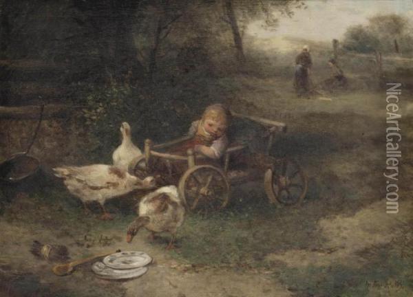 A Child In A Pull-along Wagon Watching The Ducks Oil Painting - Jan Mari Henri Ten Kate