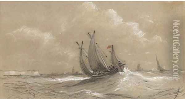A fishing lugger off Yarmouth Oil Painting - Joseph Stannard