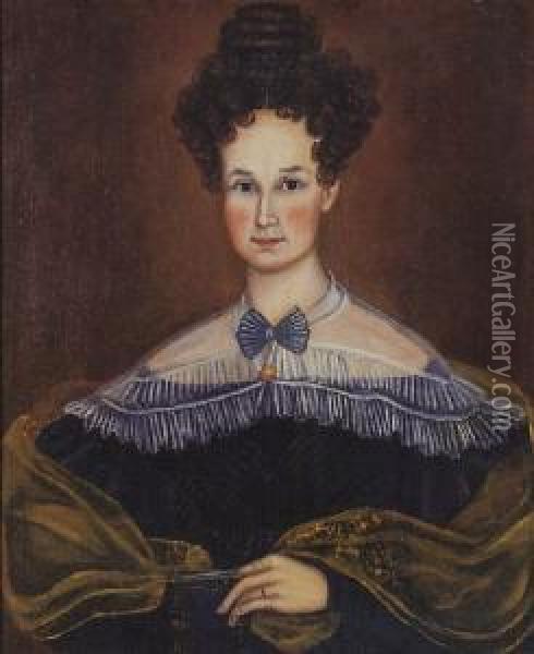 New England Lady With Blue Bow And An Elaborate Coiffure Oil Painting - Asahel Lynde Powers