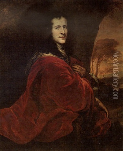 Portrait Of A Gentleman Draped In A Red Cloak Oil Painting - Juergen Ovens