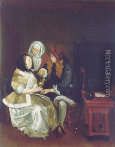 An Elegant Couple Attended By A Procuress Oil Painting - Gerard ter Borch the Younger