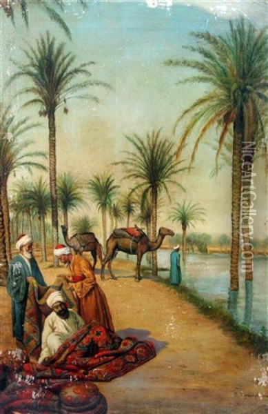 Arabs And Camels Beside The Nile Oil Painting - Enrico Tarenghi