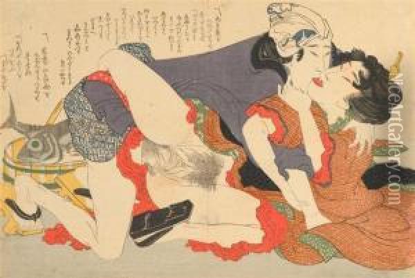 Oban Yoko-e. Aus Einer Privat Gedruckten Shunga-serie Oil Painting - Yanagawa Shigenobu