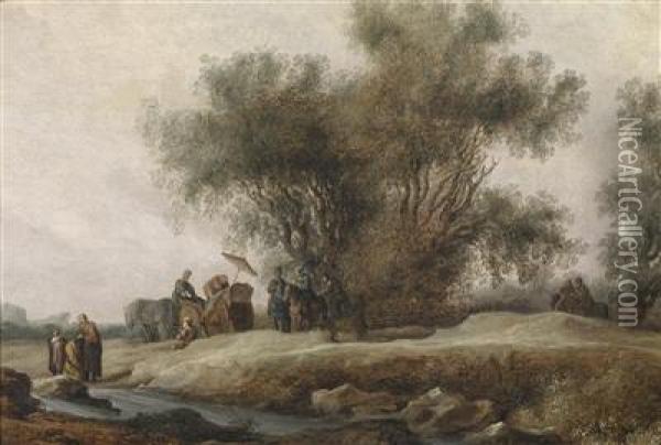 Wooded River Landscape With The Baptism Of The Moorish Chamberlain Oil Painting - Salomon van Ruysdael