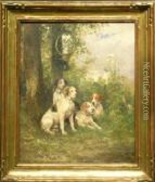 Hunting Dogs At Rest Beneath A Tree Oil Painting - Charles Olivier De Penne