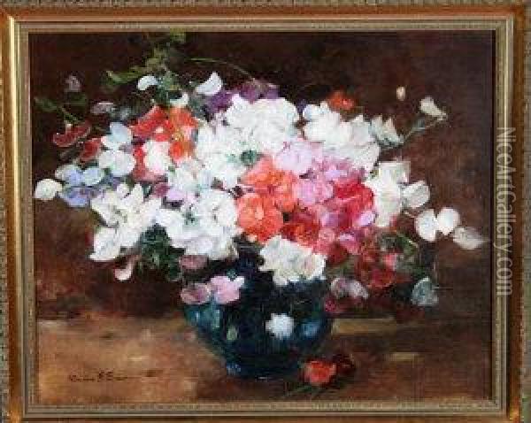 Red, White And Lilac Flowers In A Vase Oil Painting - Davina F. Brown