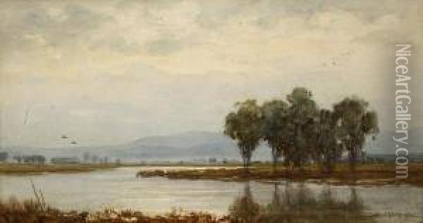 Lake In An Atmospheric Landscape Oil Painting - Sydney Jones Yard