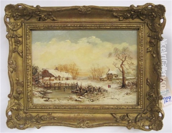 Winter Landscape With Figures, Pond, Home And Buildings Oil Painting - Charles Brooke Branwhite