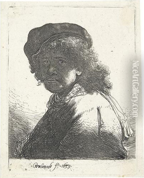 Self Portrait In A Cap And Scarf With The Face Dark: Bust. Oil Painting - Rembrandt Van Rijn
