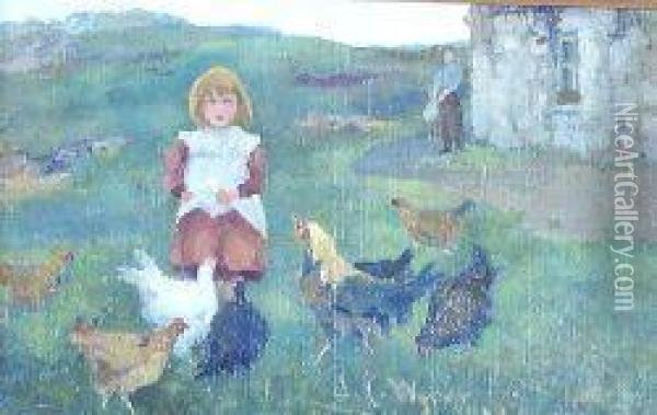 Feeding The Hens Oil Painting - Jane Cowan Wyper