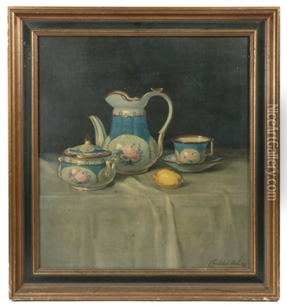 Still Life With Coffee Pot, Sugar Bowl, Cup With Saucer And Lemon On Tablecloth Oil Painting - Janos Pentelei-Molnar