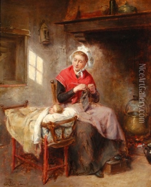 Interieur Mit Mutter Und Kind Oil Painting - Leon Emile Caille