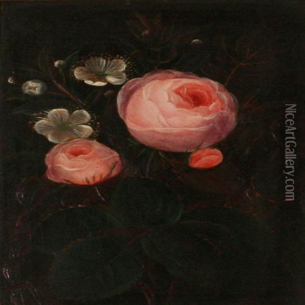 Pink Roses And Cherry Flowers Oil Painting - I.L. Jensen