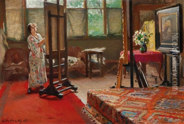 Karola In Her Studio Oil Painting - Dominik Skuteczki